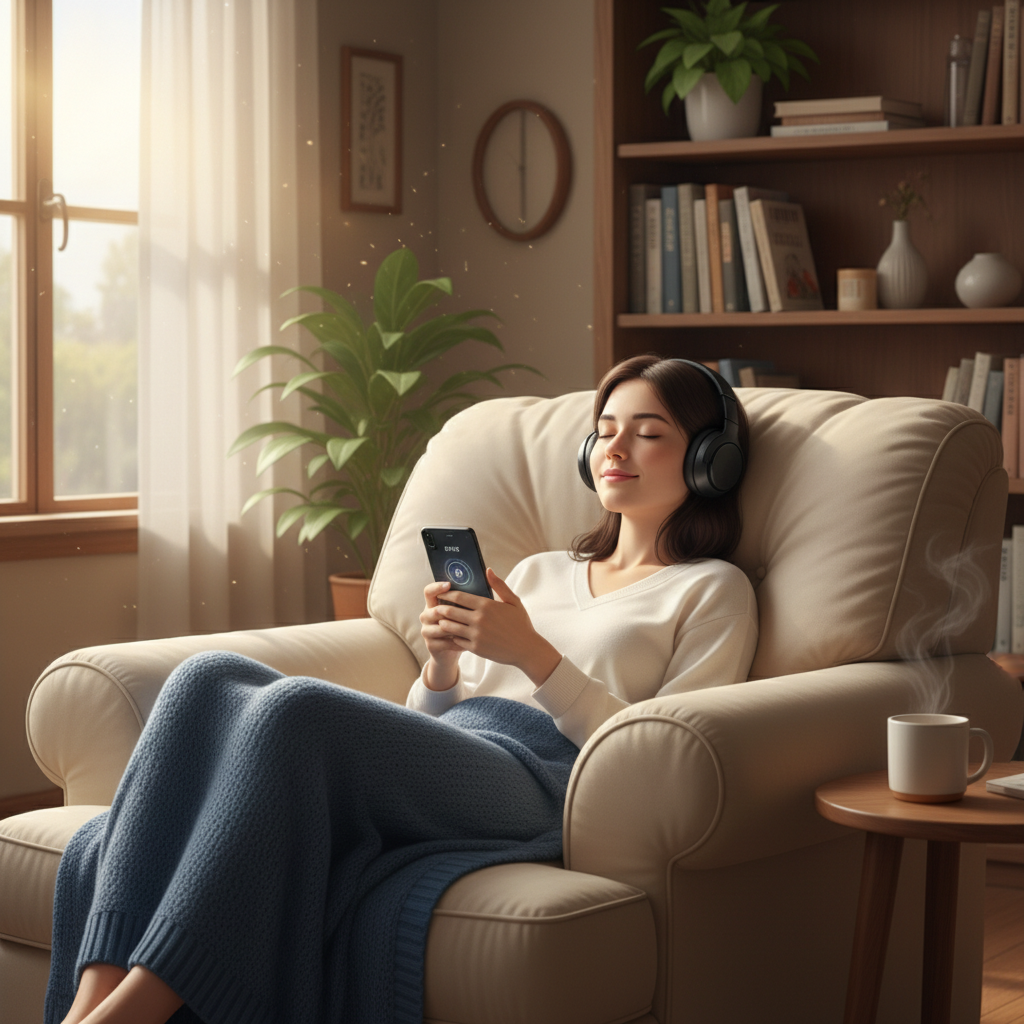 Person wearing headphones relaxing while listening to audio content on a smartphone