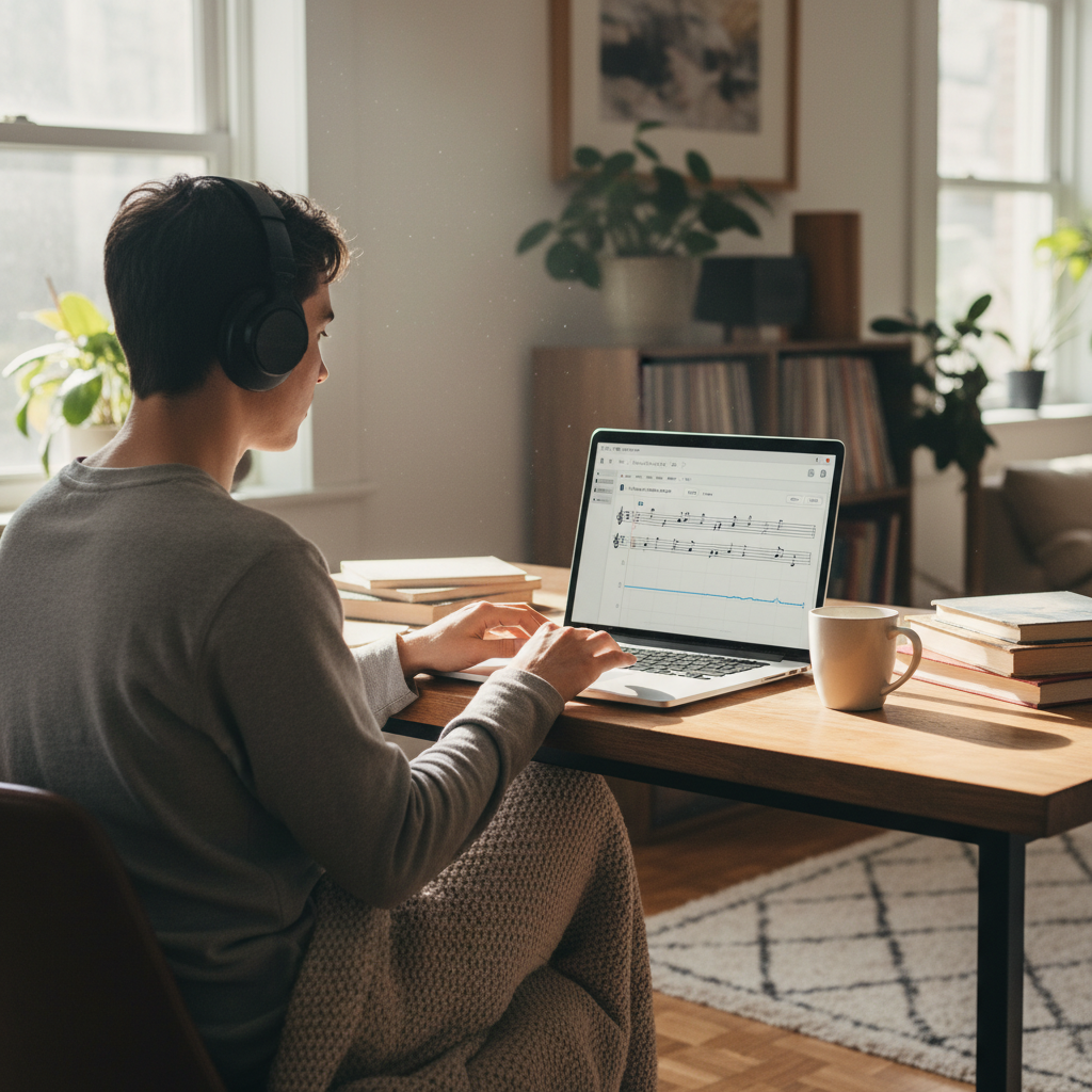 Person studying at home with headphones and a laptop for online language practice