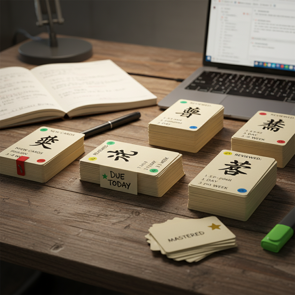 Chinese character study cards and flashcards arranged systematically on a desk for spaced repetition practice
