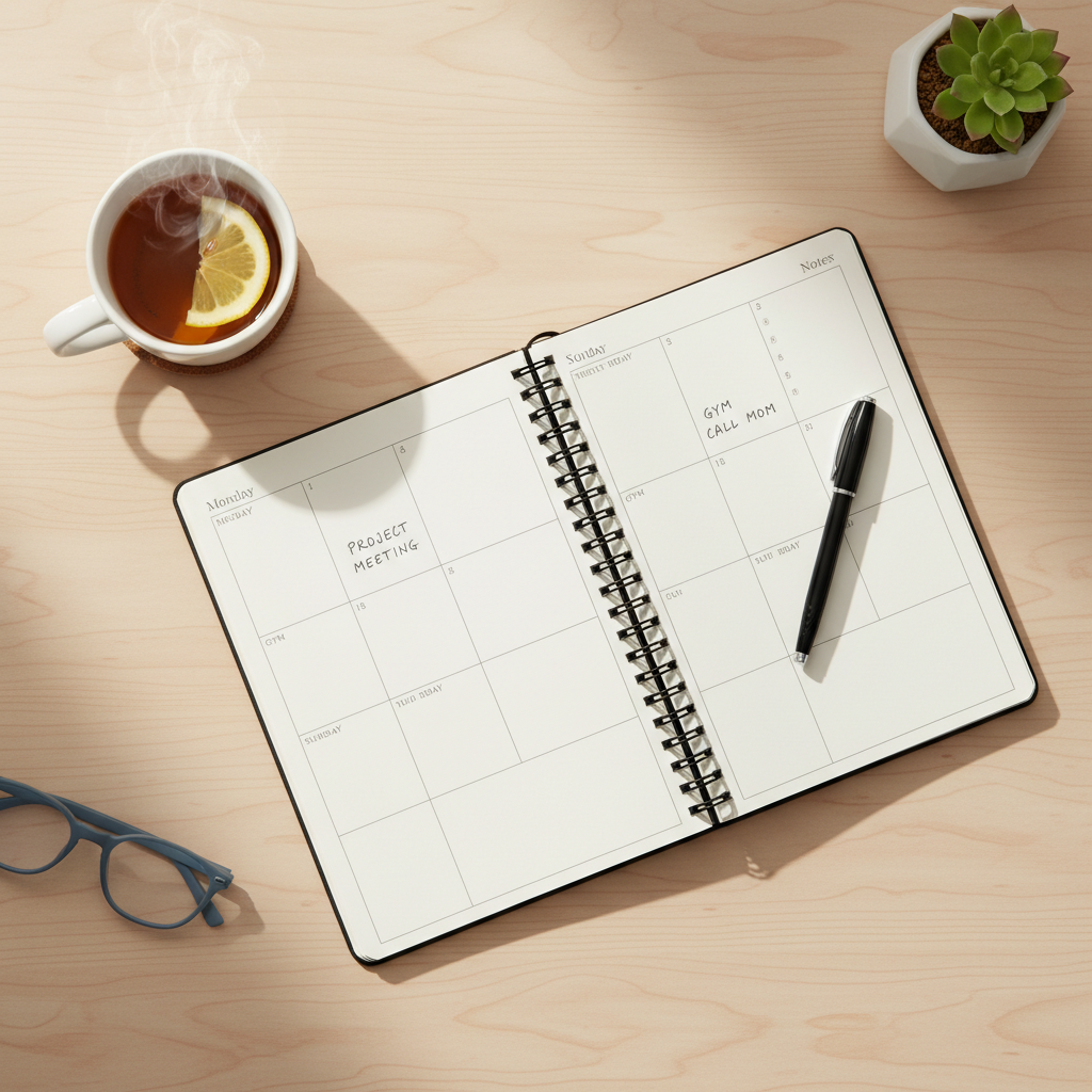 A planner and notebook open on a desk with a pen ready for writing