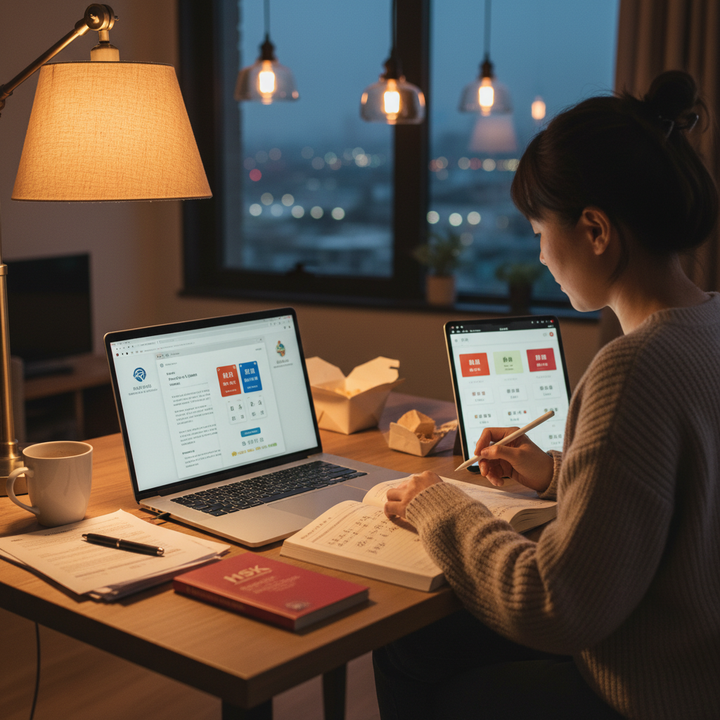 Professional at home transitioning from work to evening study with laptop and study materials